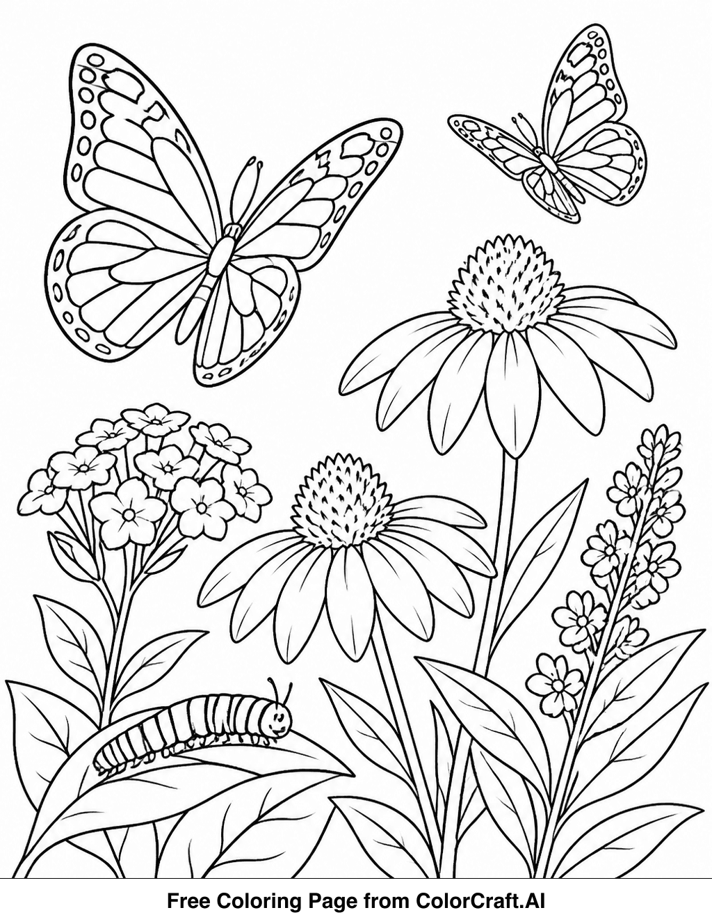Line drawing of a butterfly garden ecosystem with various flowers, leaves, and butterflies in different poses.