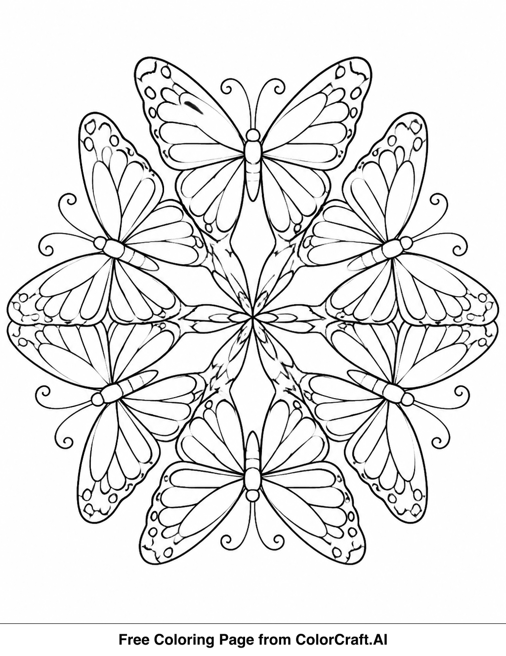 Line drawing of a symmetrical butterfly kaleidoscope pattern with detailed wings and antennae, ready to be colored.