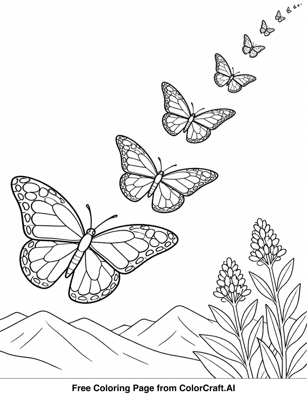 Line drawing of a butterfly in flight, surrounded by clouds and distant mountains, ready to be colored.