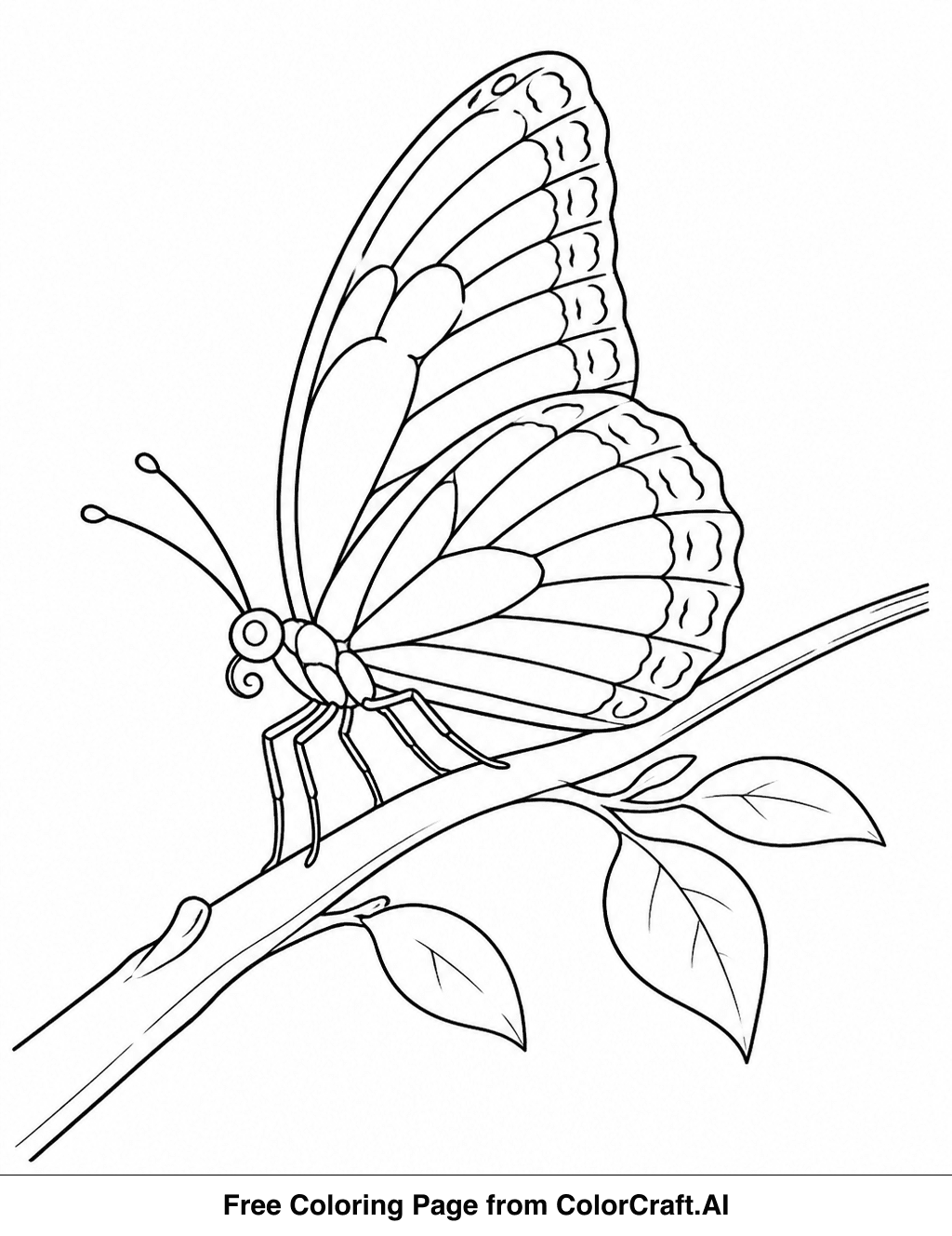 Line drawing of a butterfly with open wings sitting on a thin branch.