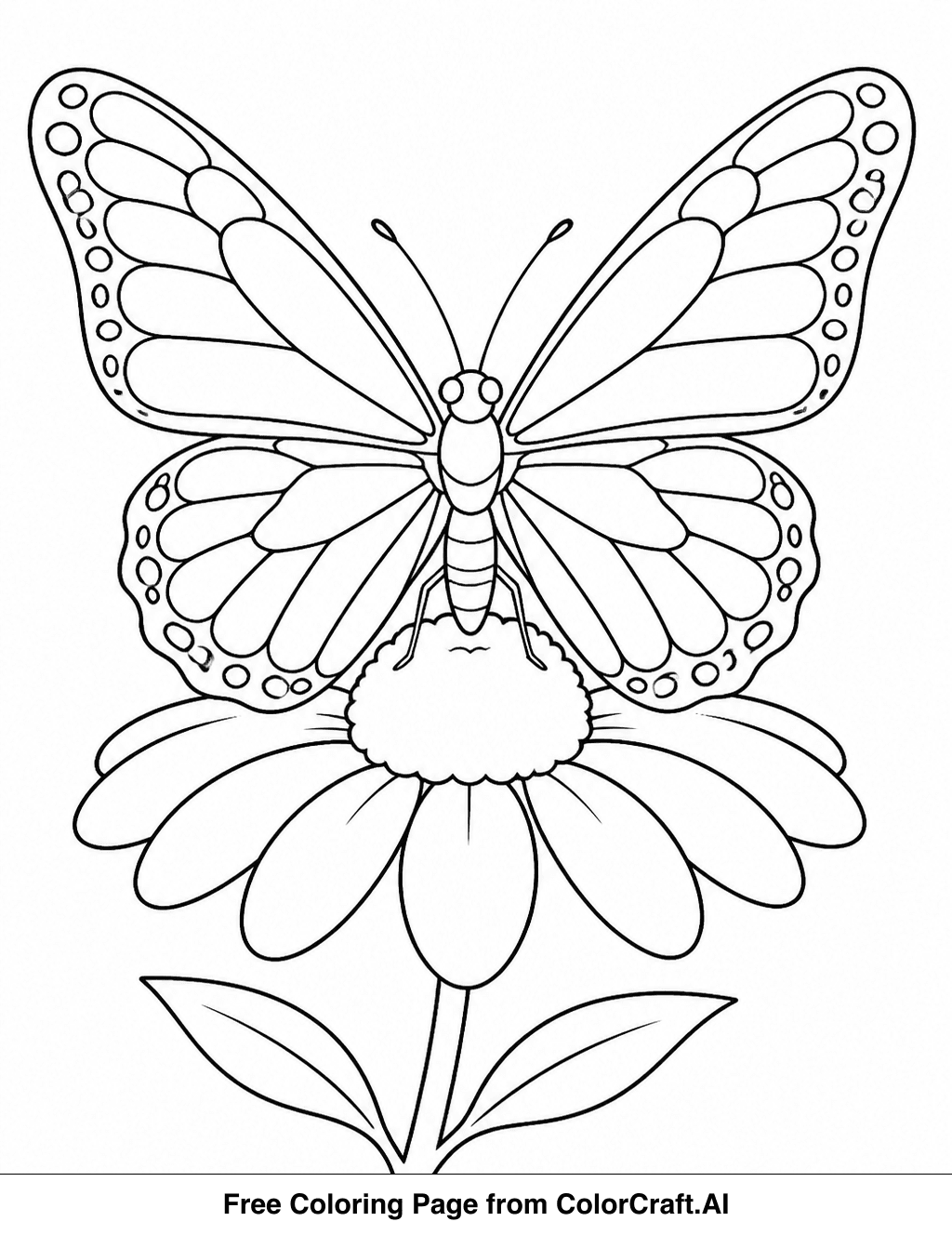 Line drawing of a butterfly resting on a flower, front view, ready to be colored.