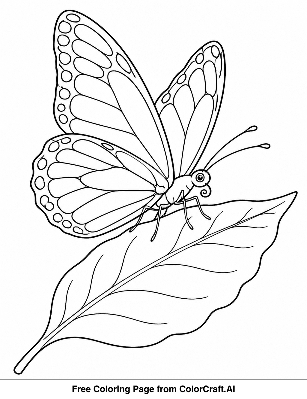 Line drawing of a butterfly with spread wings resting on a leaf, perfect for coloring.