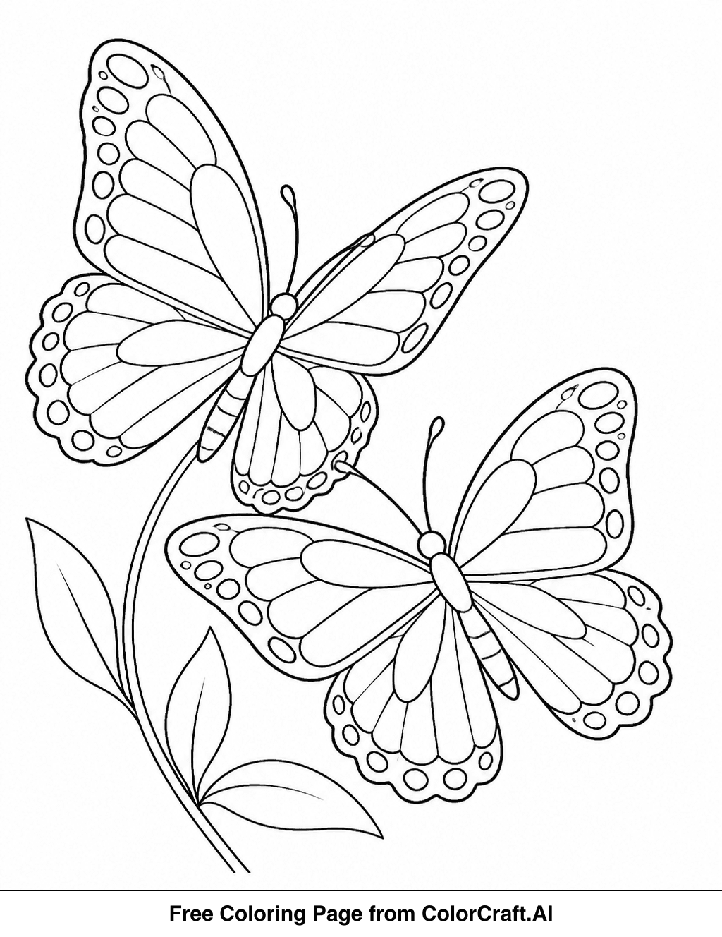 Line drawing of two beautiful butterflies perched together, ready to be colored.