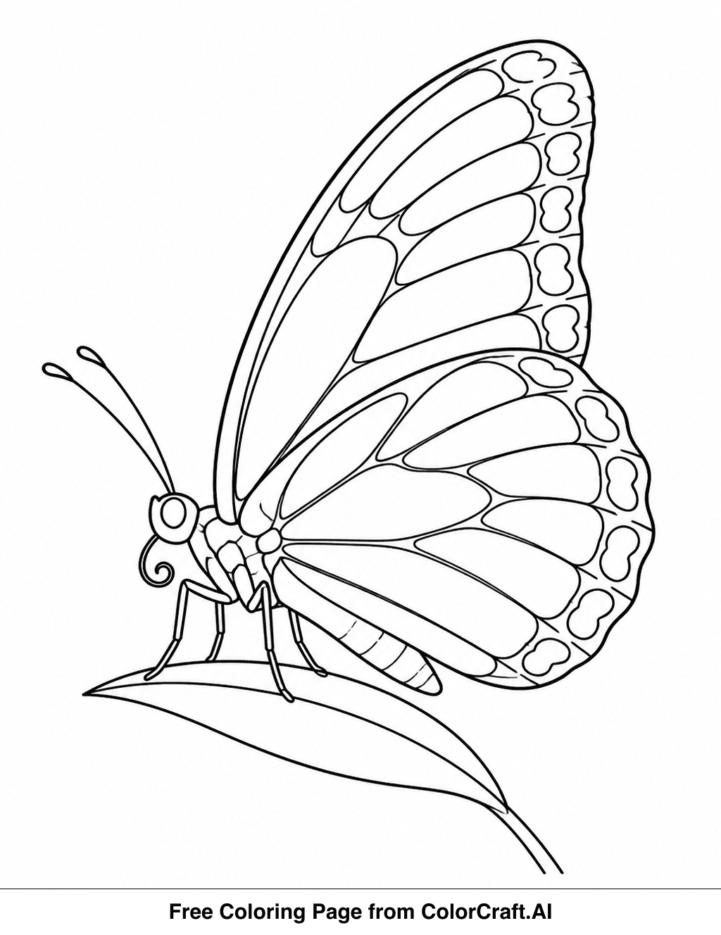 Line drawing of a butterfly with detailed wings resting on a leaf, perfect for coloring.