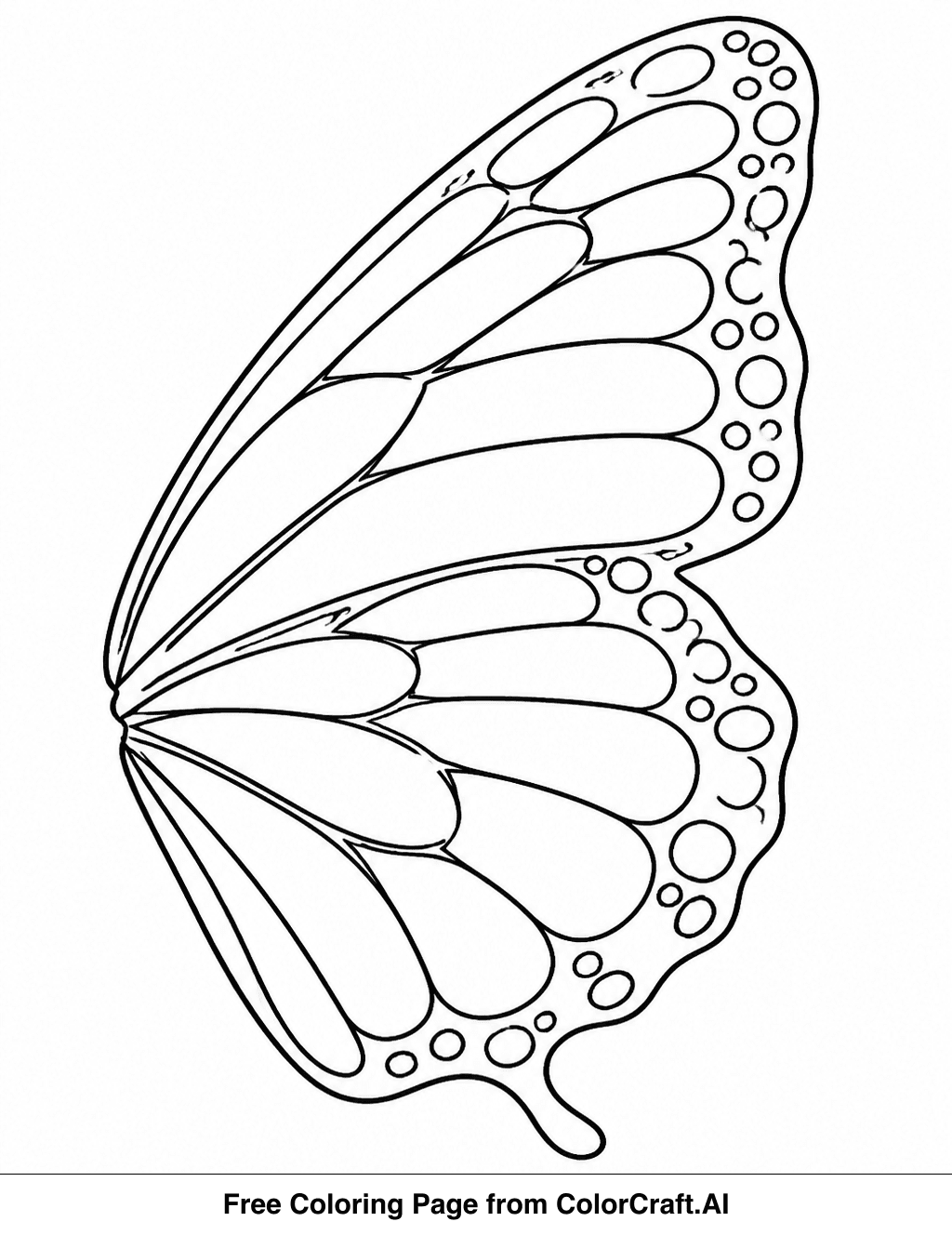 Line drawing of a butterfly wing with abstract geometric patterns and swirling designs for coloring.
