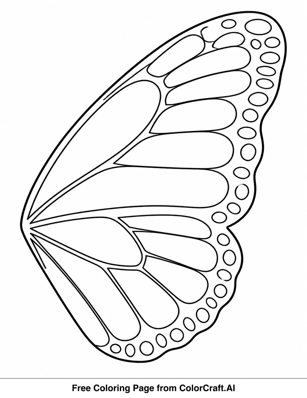 Line art of a butterfly wing with detailed geometric and organic shapes for a coloring page.