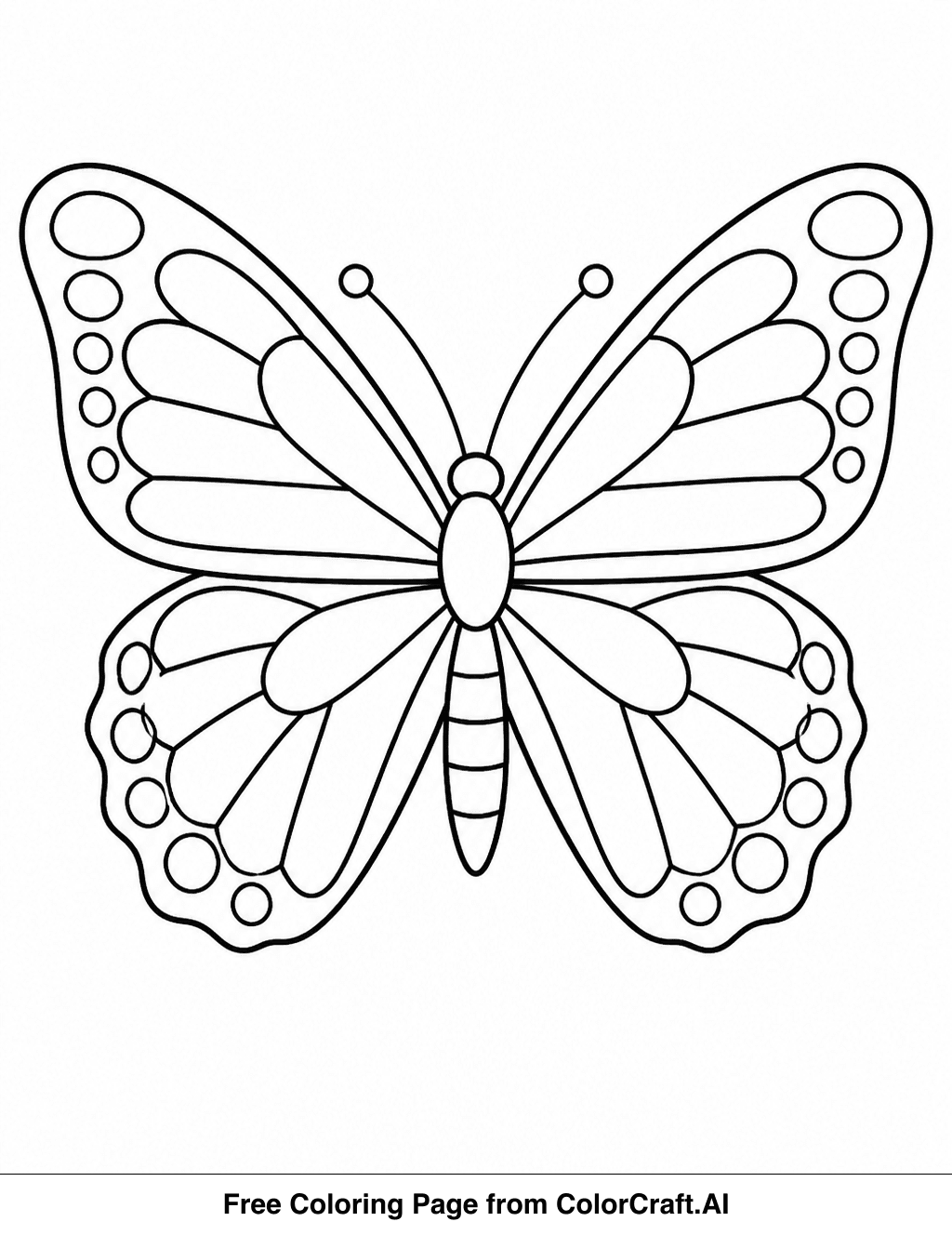 Line art drawing of a butterfly with large, patterned wings in flight, perfect for coloring.