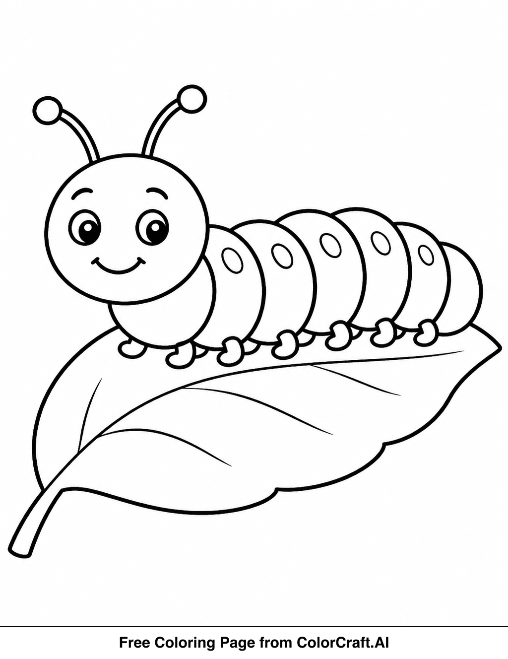 Line drawing of a happy caterpillar with many legs, ready to be colored.