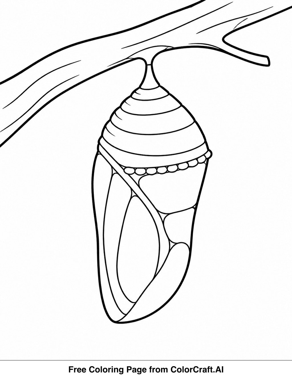 Line drawing of a chrysalis hanging from a branch with a butterfly beginning to emerge.