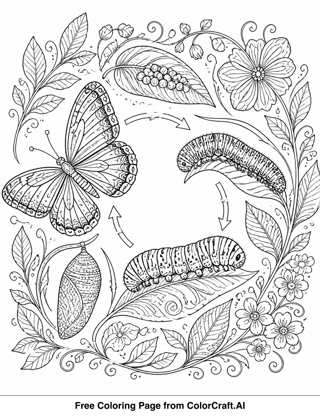 Line drawing showing the four stages of a butterfly's life cycle: egg, larva, pupa, and adult.