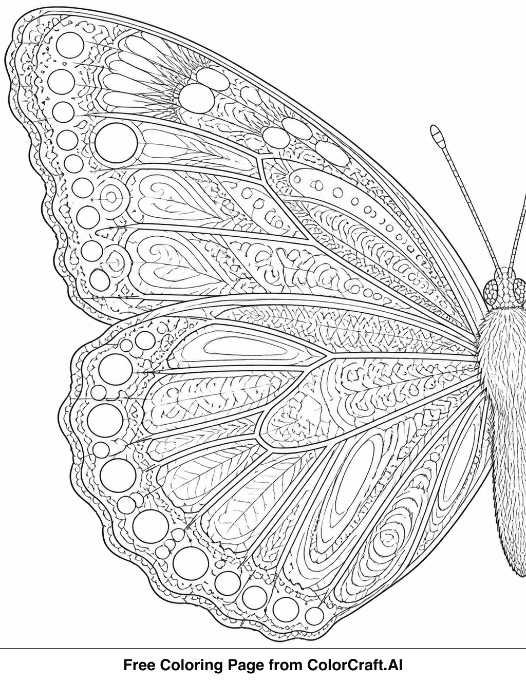Line drawing of an intricate butterfly wing showing detailed patterns and textures for coloring.