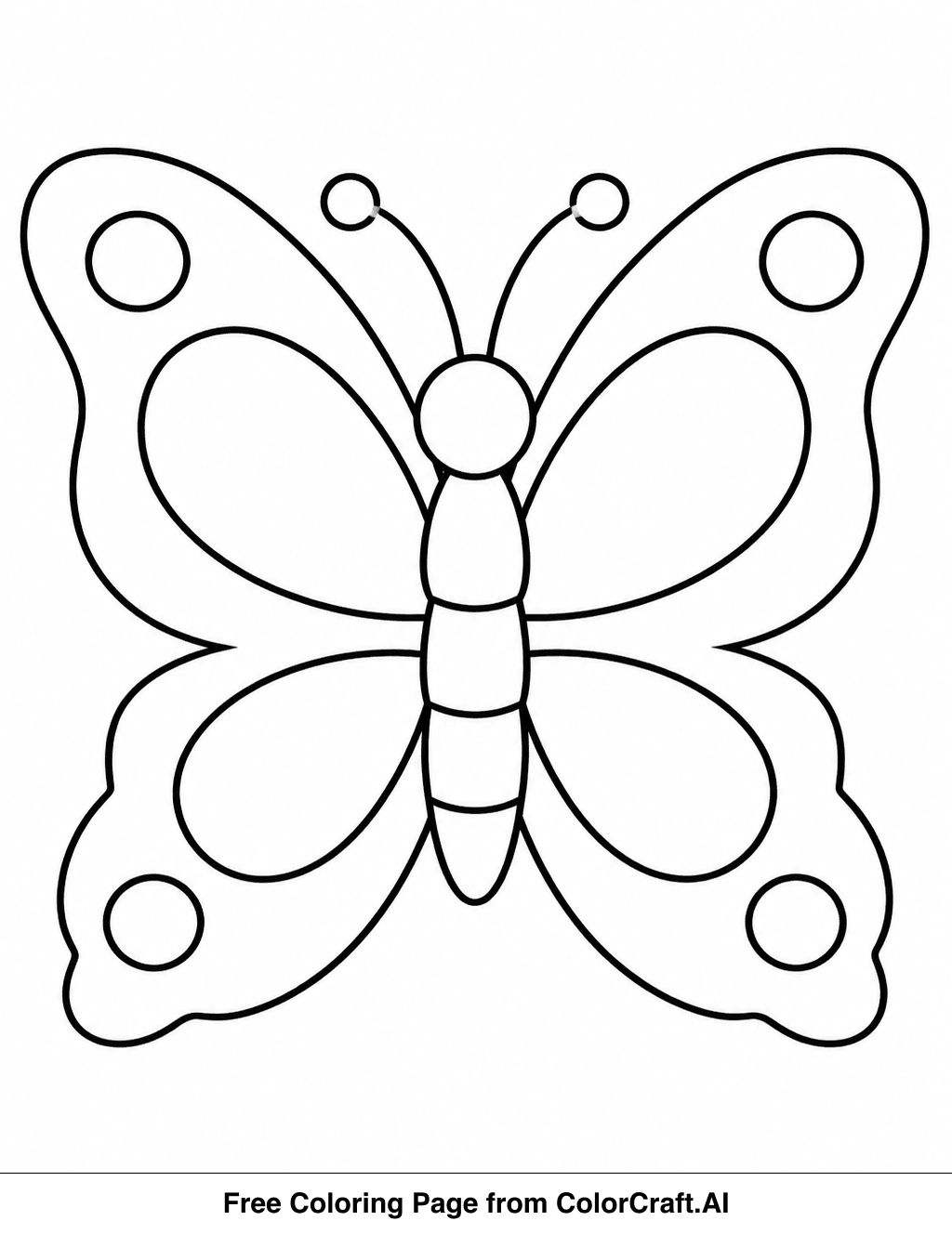Line drawing of a simple butterfly with large, open wings, ideal for coloring.