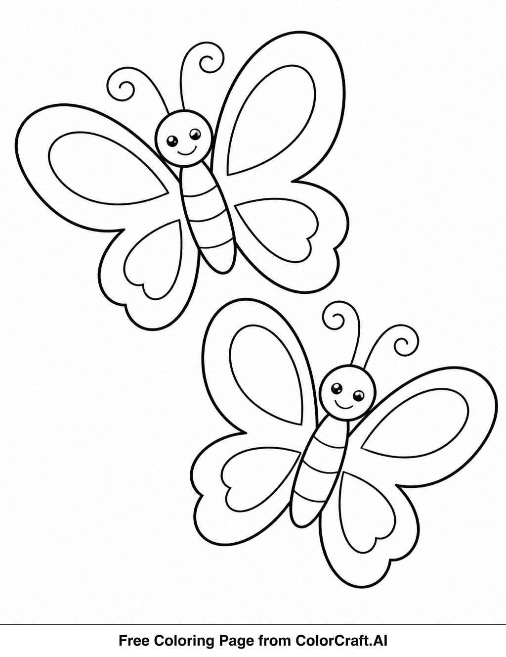 Line art drawing of two butterflies with open wings, ready to be colored.