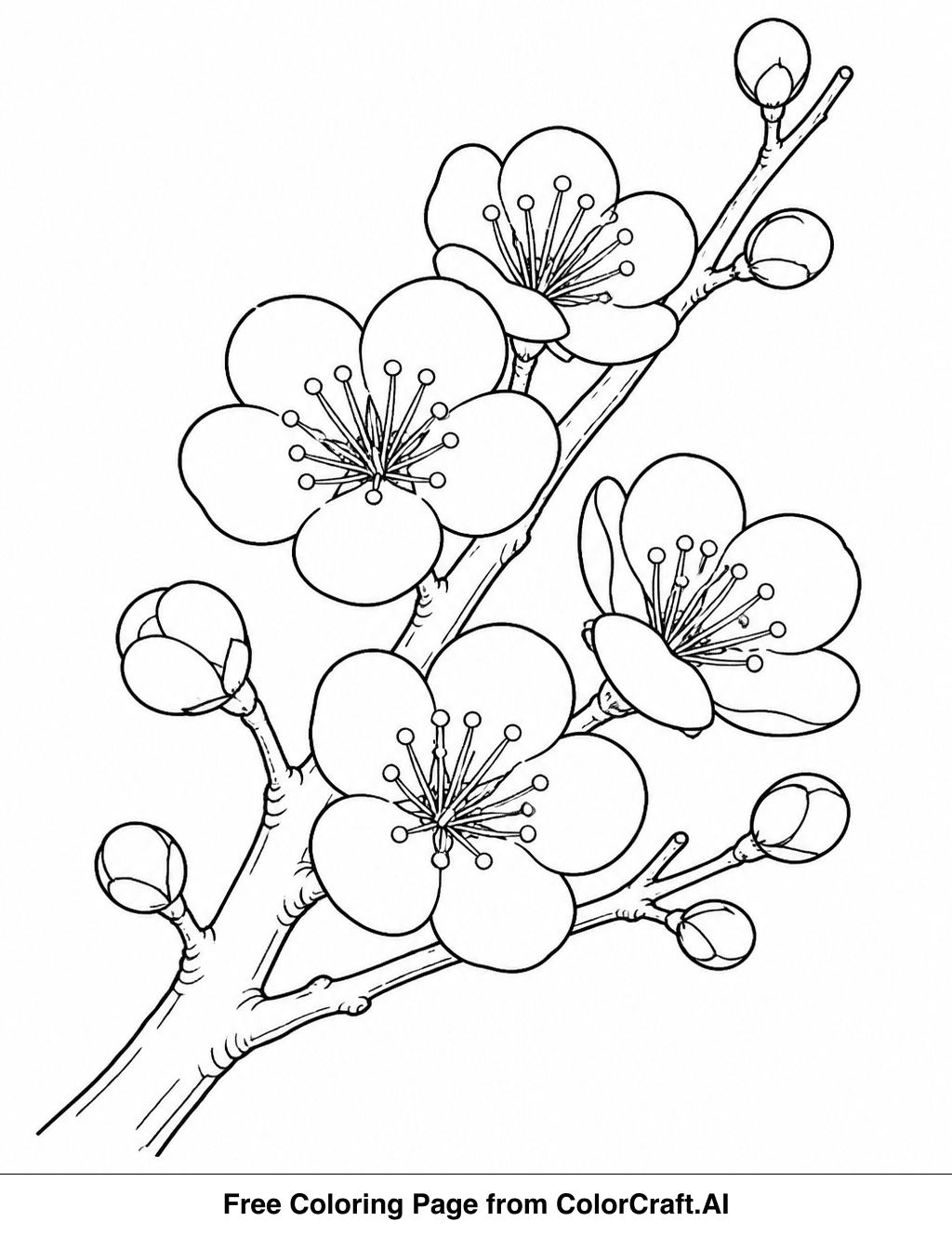 Line art drawing of blooming plum blossom branches, ready for coloring, symbolizing new beginnings.