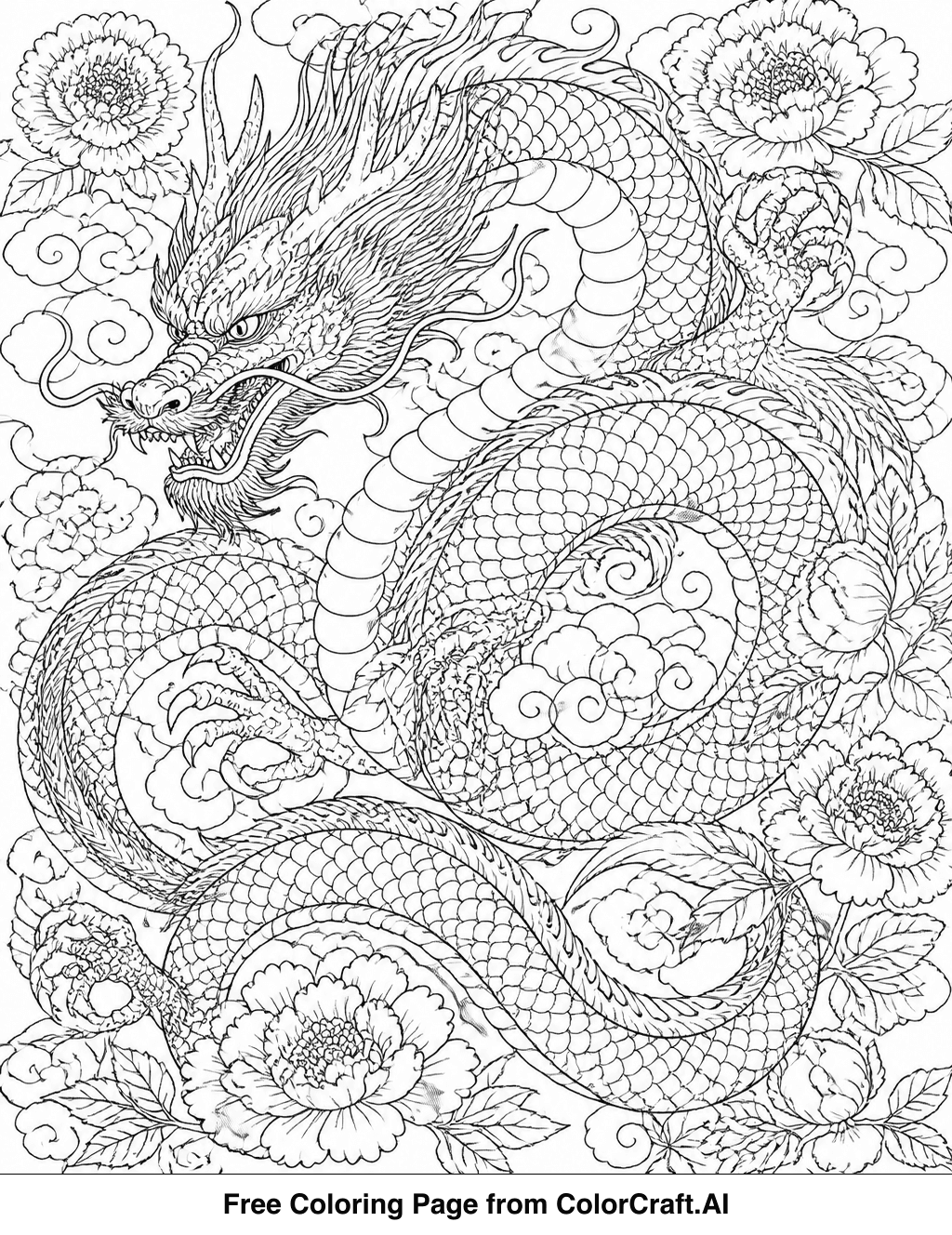 A complex line drawing of a traditional Chinese dragon pattern for a coloring page.