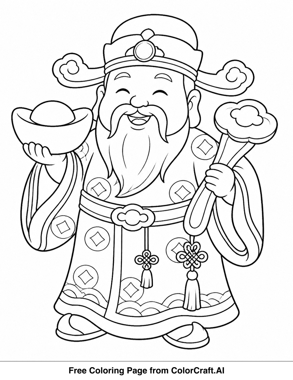 Line drawing of Chinese characters for prosperity and good luck, surrounded by festive elements.