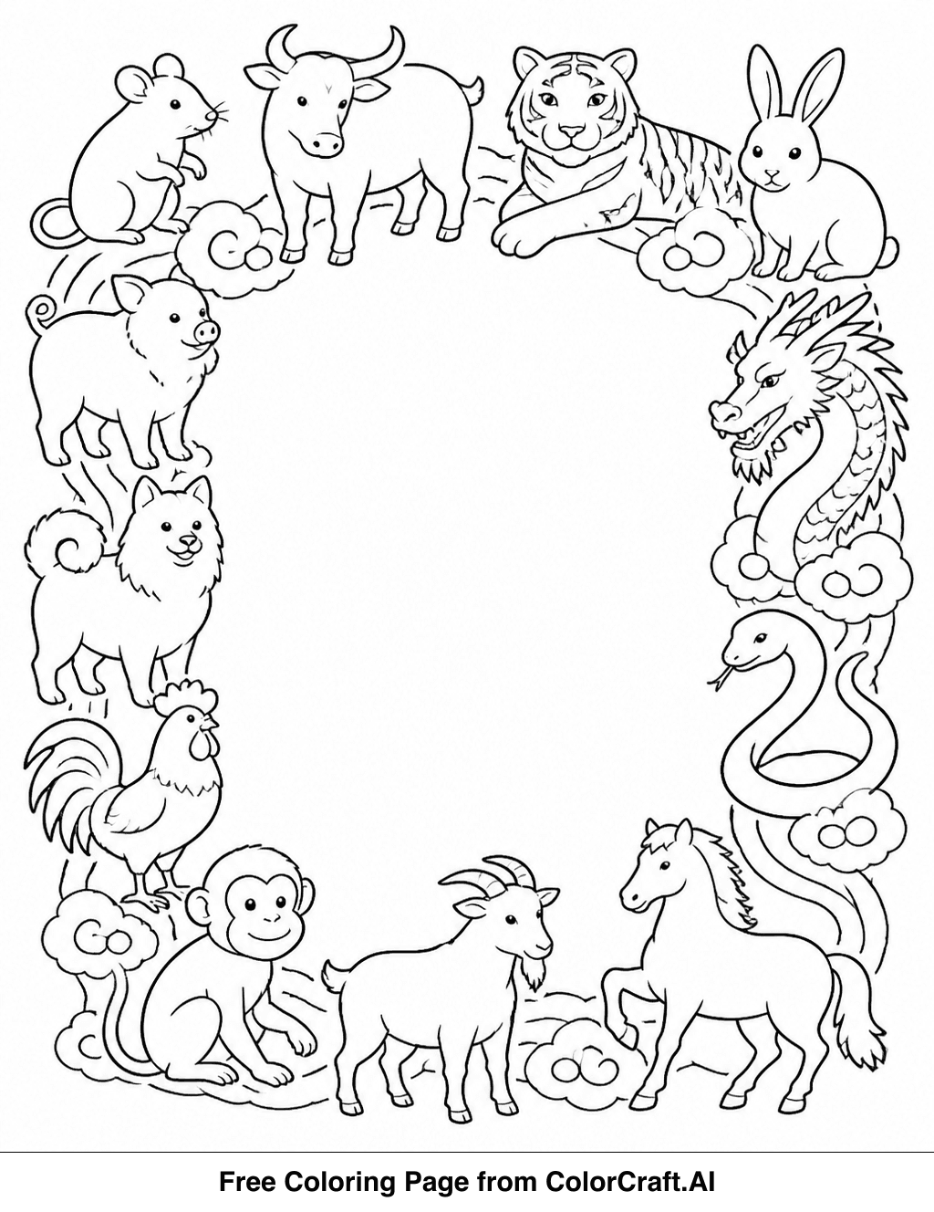 Line drawing of a decorative border showcasing all twelve Chinese zodiac animals for a coloring page.