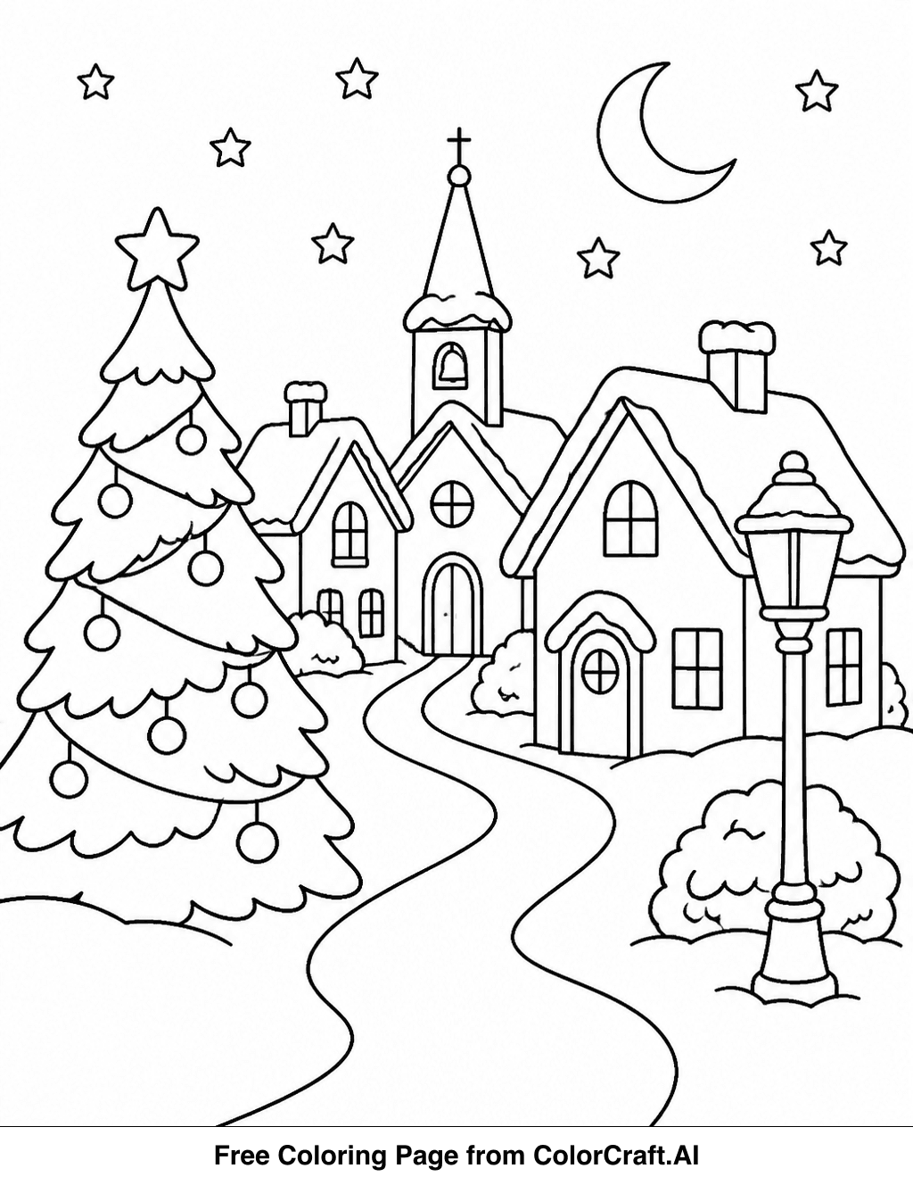 Line drawing of a quaint Christmas village nestled under a starry sky with snow-covered rooftops.