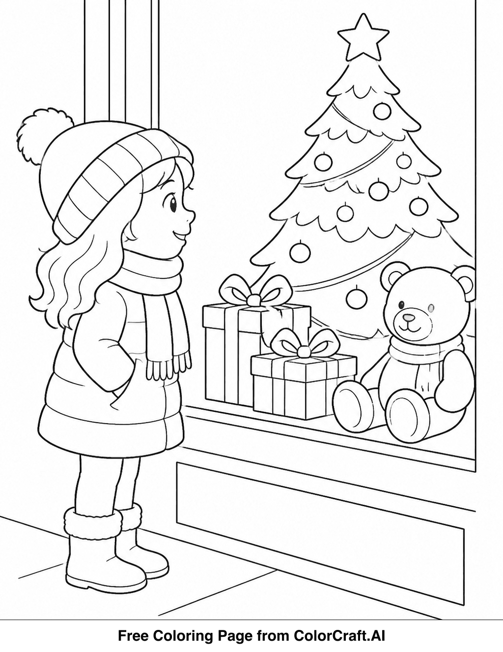 Line drawing of a cozy street scene with people admiring a brightly decorated shop window filled with presents.