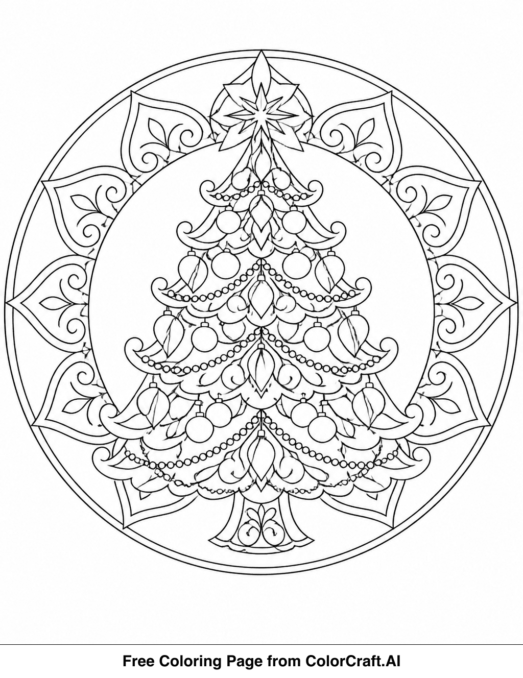 Line drawing of an ornate Christmas tree mandala, perfect for holiday coloring fun.