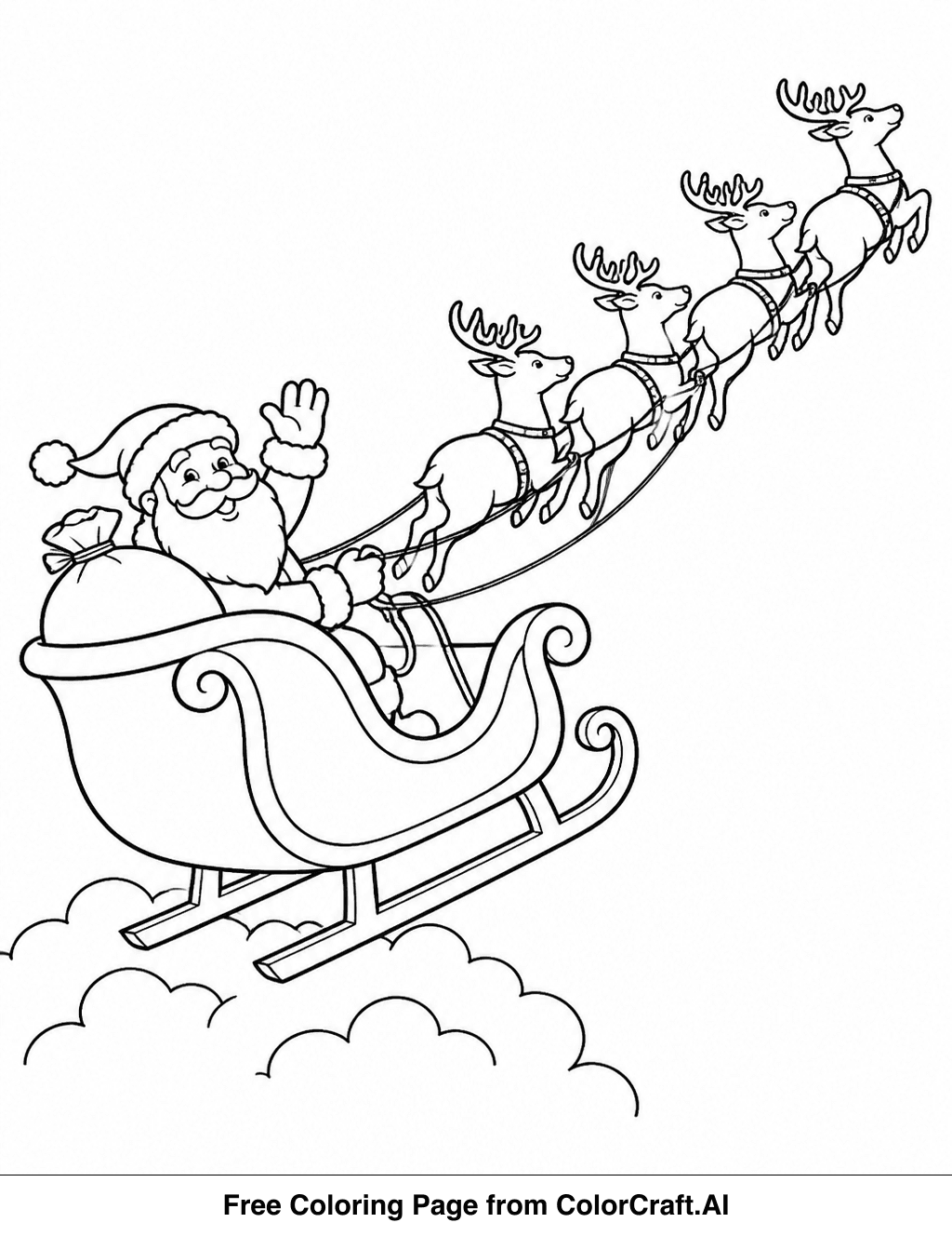 Line drawing of Santa's sleigh with reindeer preparing for takeoff, full of presents.