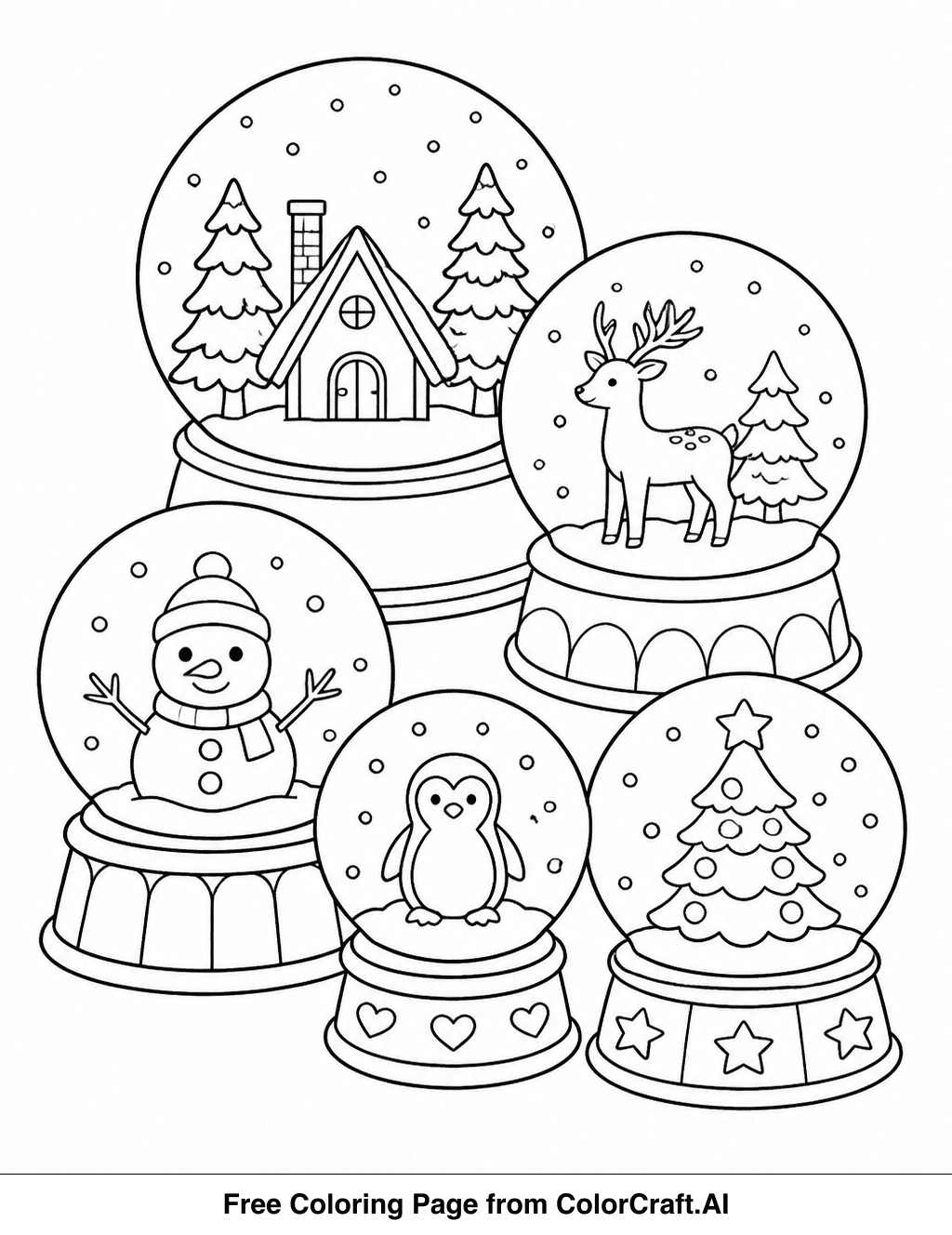 Line art drawing of a collection of various snowglobes with winter scenes inside, ready for coloring.