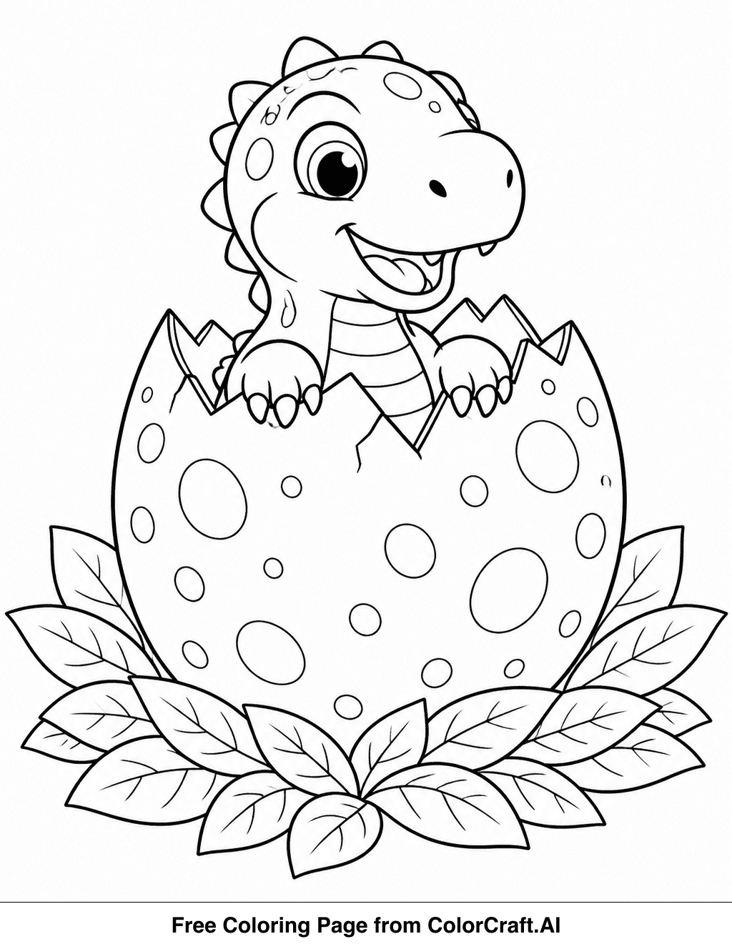 Line drawing of a baby dinosaur hatching from a speckled egg in a leafy nest.