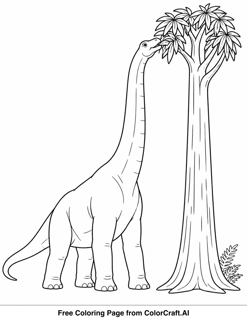 Line drawing of a brachiosaurus dinosaur with a long neck reaching for leaves on a tall tree.