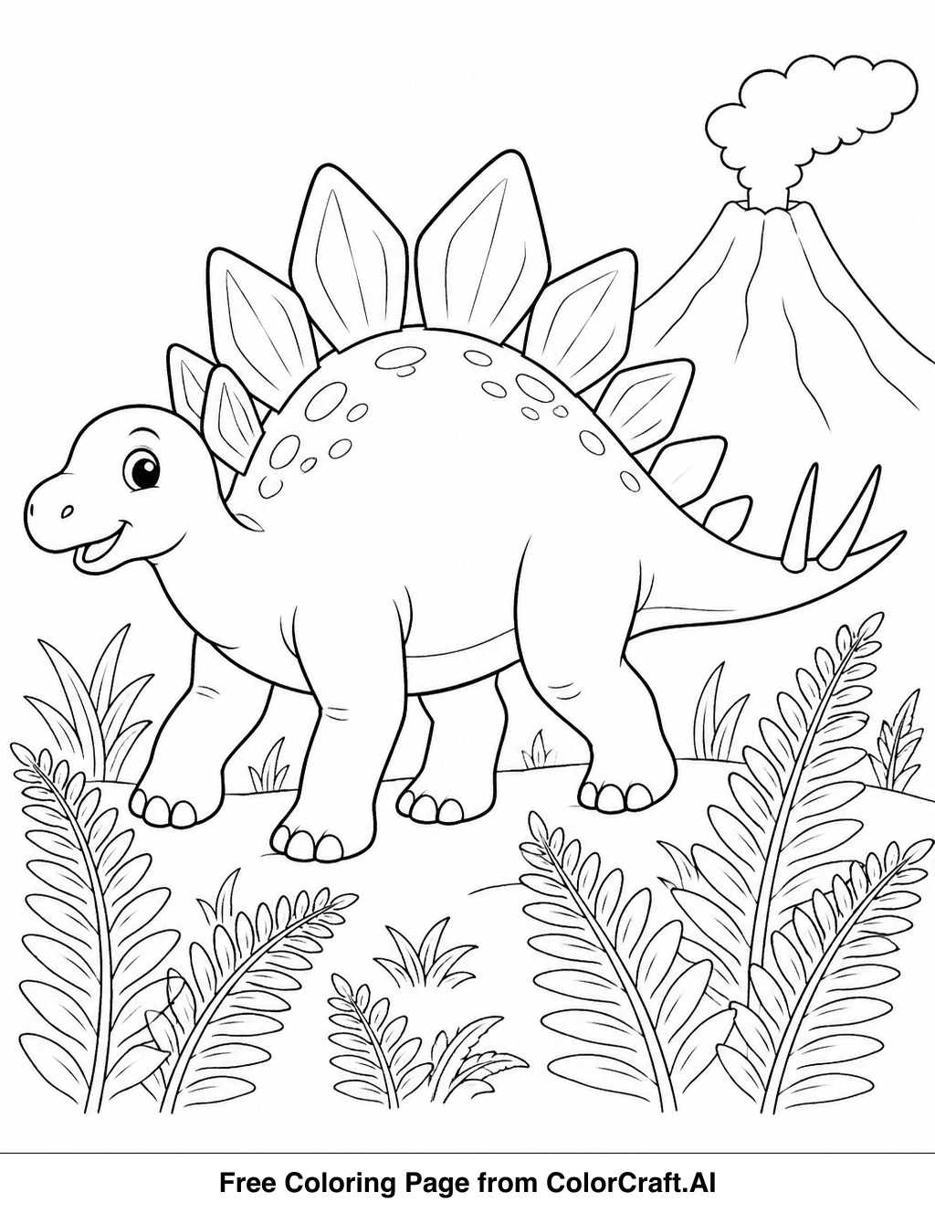 Line drawing of a friendly Stegosaurus walking in a prehistoric meadow with ferns and a volcano.
