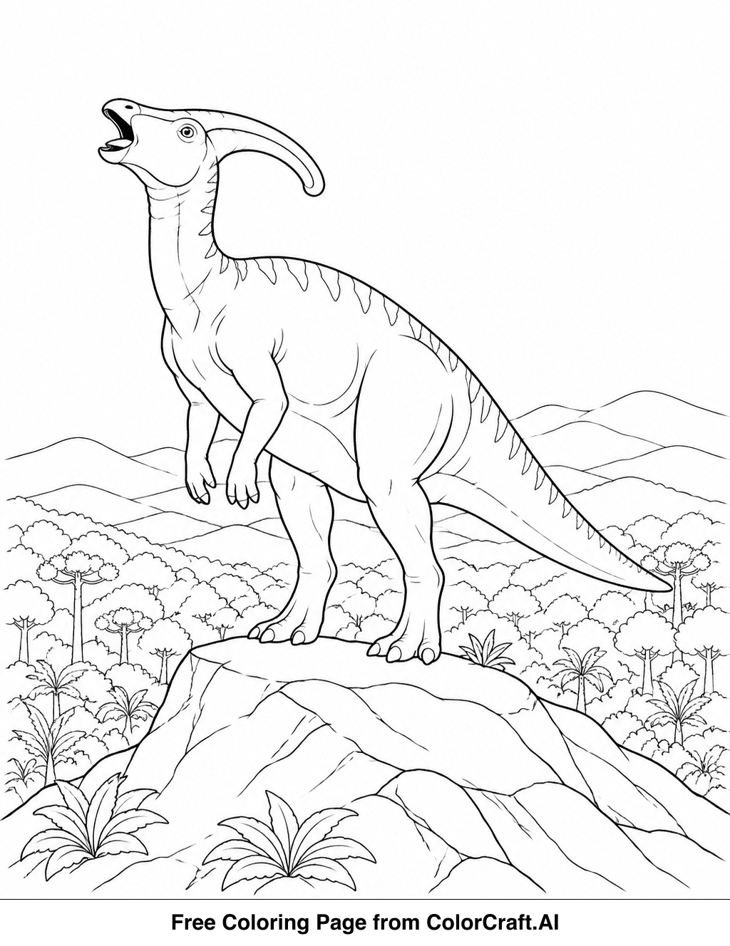Line drawing of a Parasaurolophus dinosaur calling from a hilltop with a forest in the background.