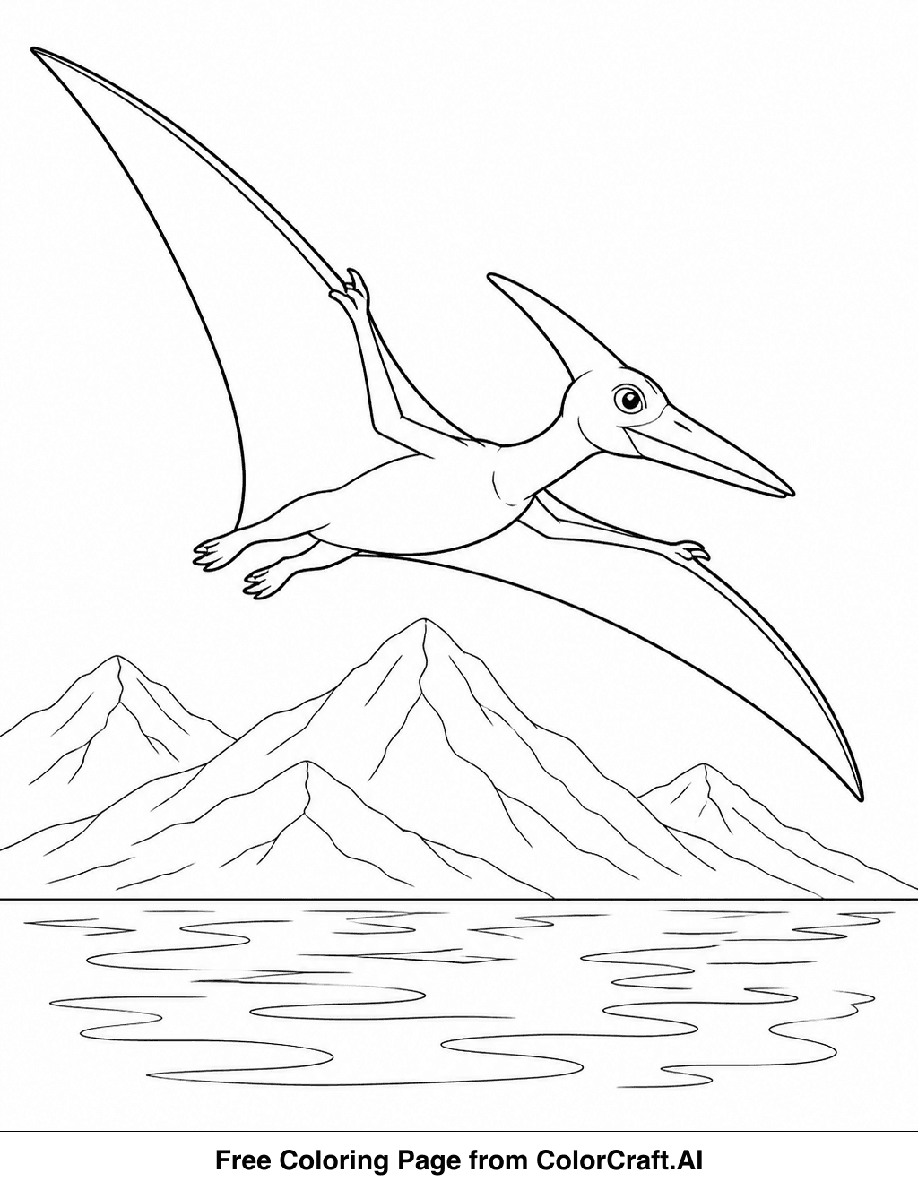 Line drawing of a pterodactyl flying over a calm lake with mountains in the background.