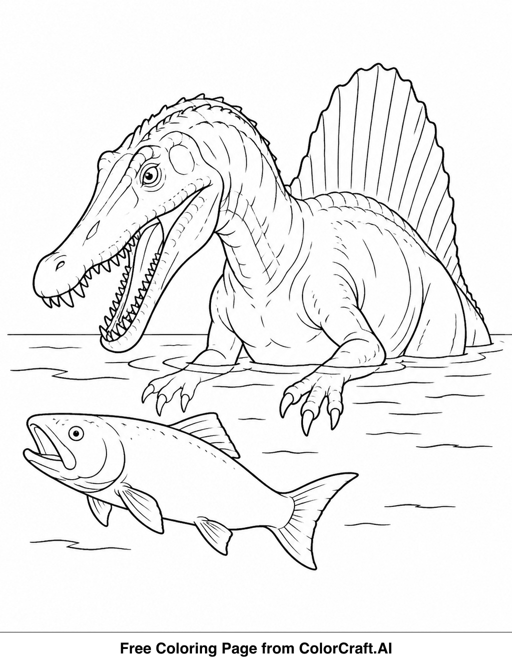 Line drawing of a Spinosaurus dinosaur in water hunting a big fish.