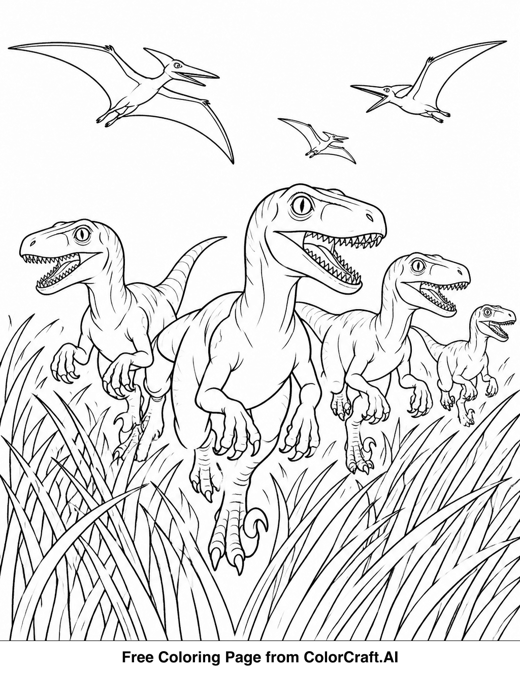 Line drawing of a group of velociraptors running through tall grass, with flying pterodactyls in the sky.
