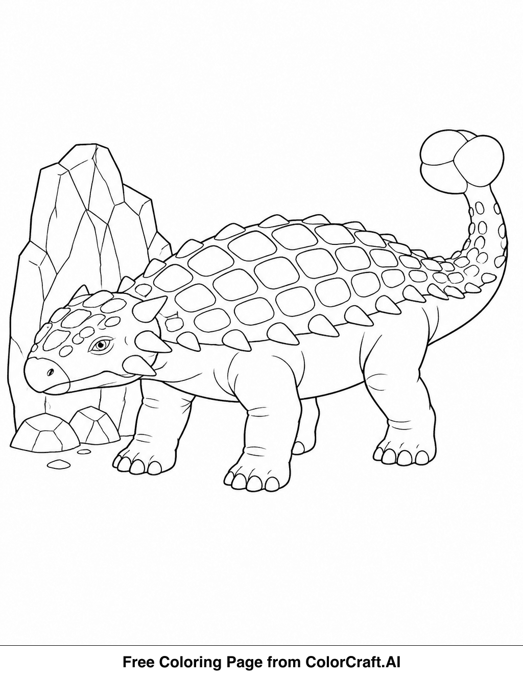 Line drawing of an ankylosaurus dinosaur with a large armored back and a clubbed tail.