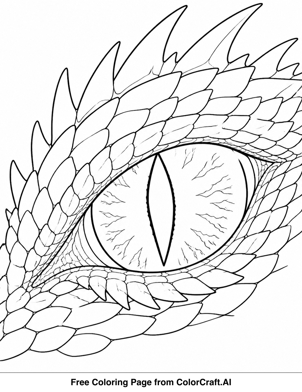 Line art drawing of a detailed dragon eye with scales and a reptilian pupil.