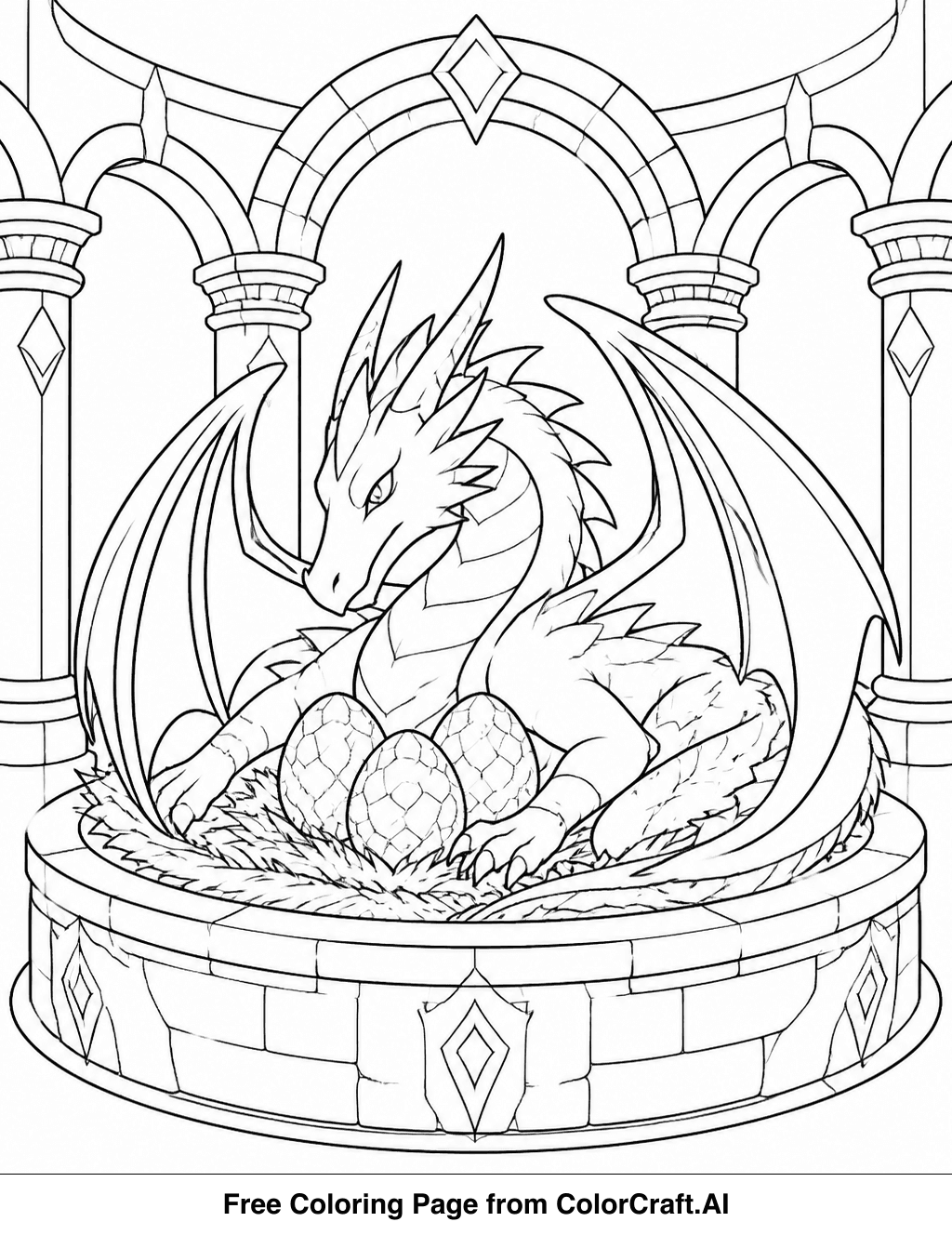 Line drawing of an ancient dragon hatchery with large eggs and rocky formations, ready for coloring.