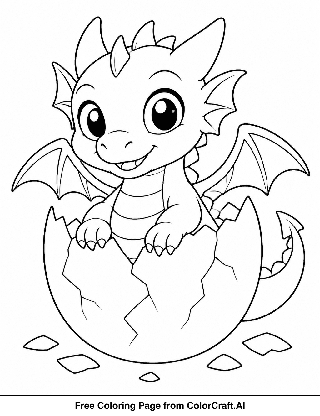 Line drawing of a small, cute dragon hatchling peeking out of a cracked egg, ready to be colored.