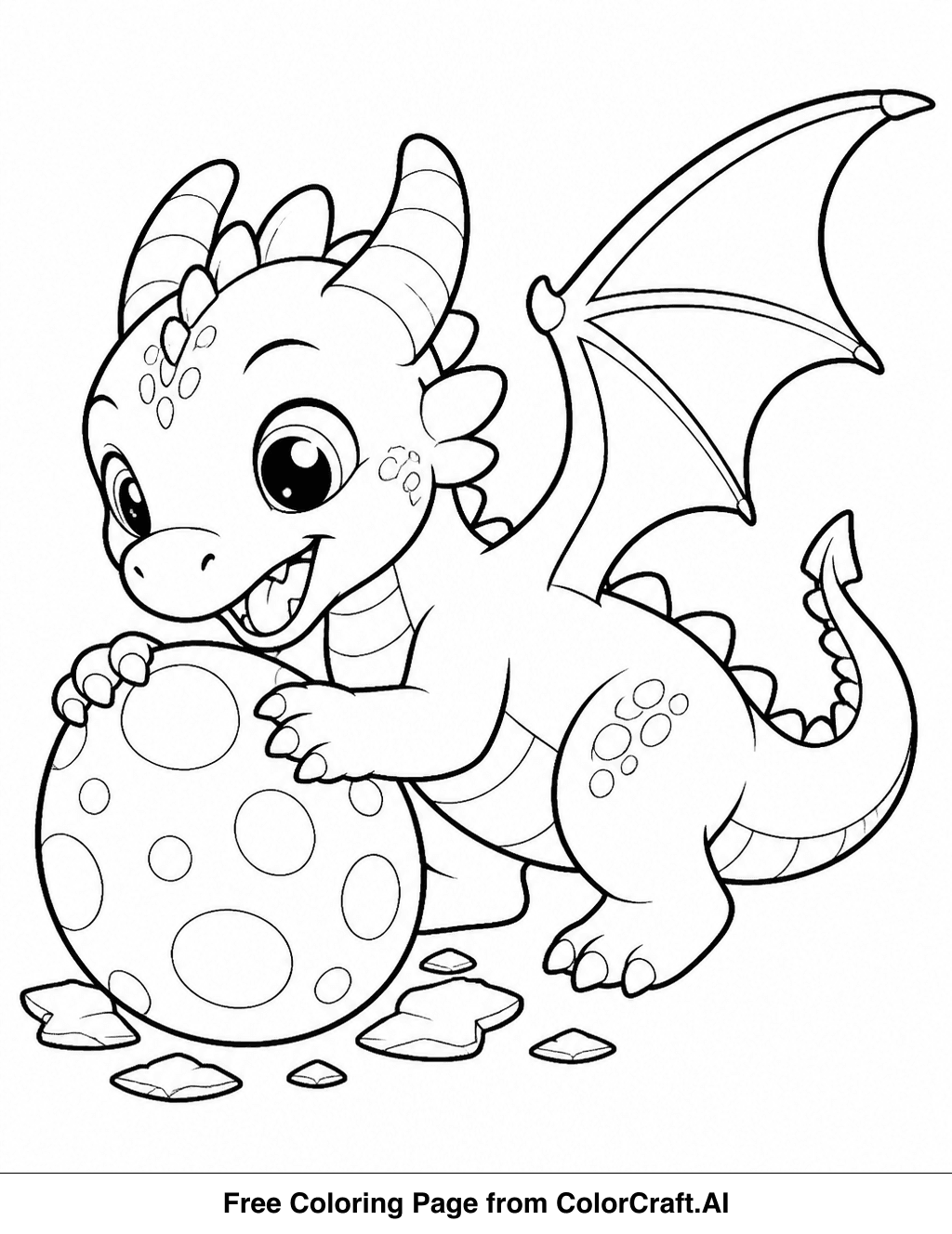 Line drawing of a baby dragon playing with a ball, perfect for a printable coloring page.