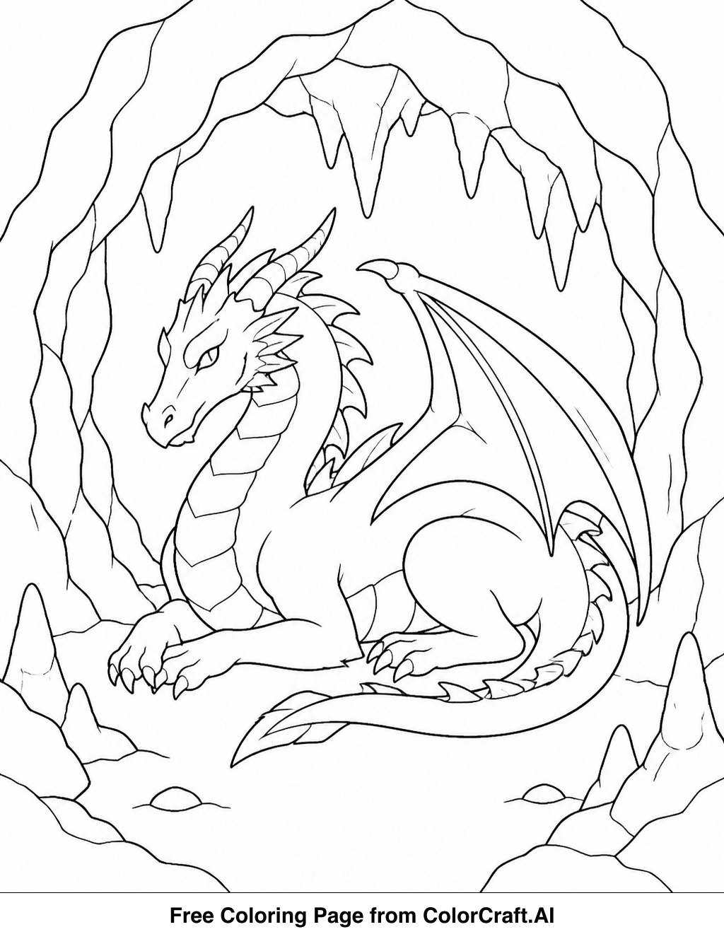 Line drawing of a mysterious cave entrance with dragon motifs, perfect for a coloring page.