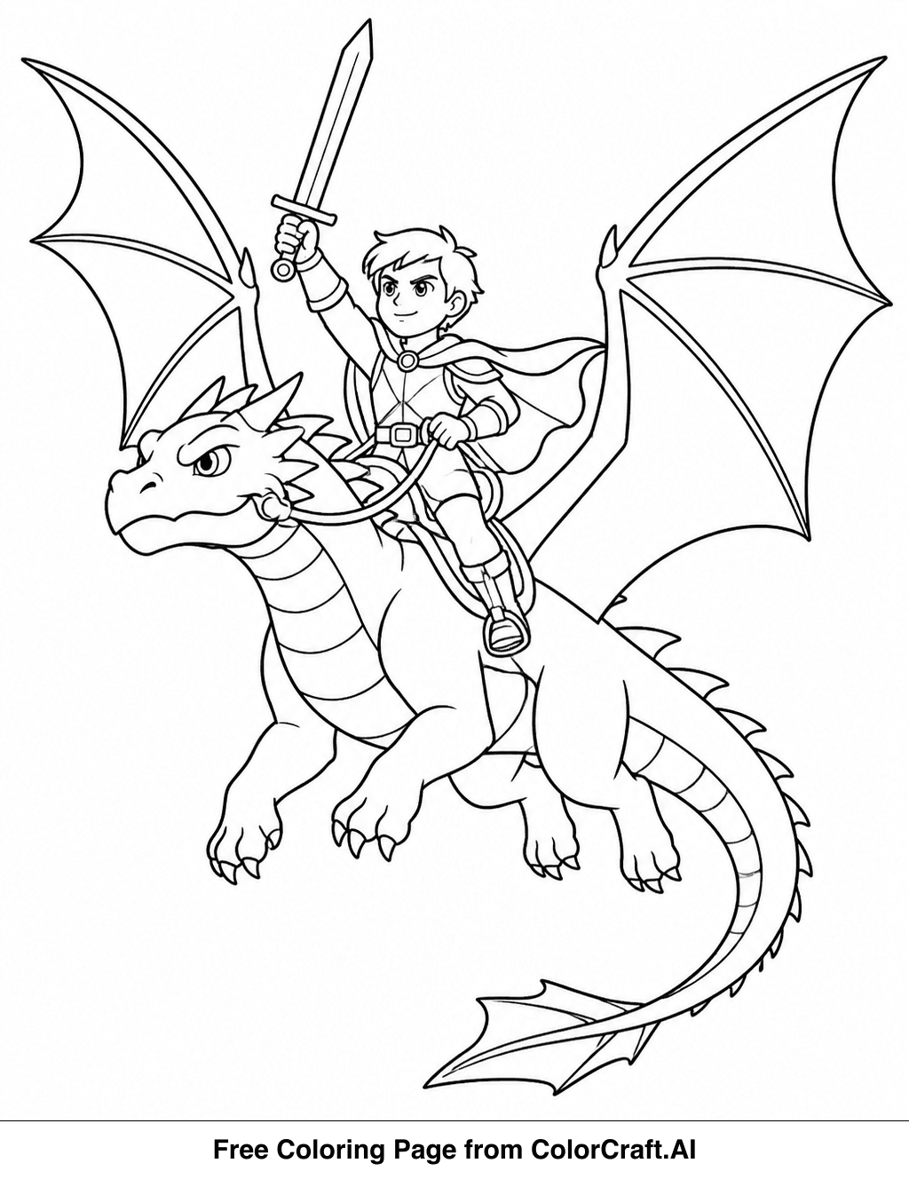 Line drawing of a brave dragon rider with wings, soaring through the air on the back of a large dragon.