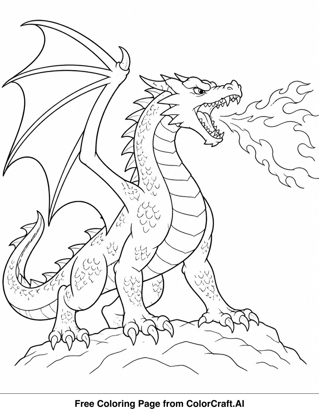 Line drawing of a fierce dragon breathing a large plume of fire, ready to be colored.