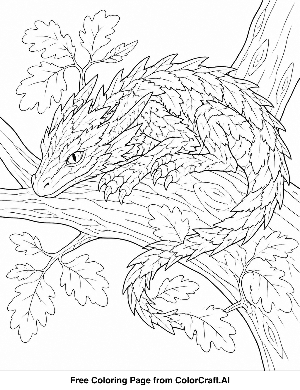Line drawing of a fantasy dragon camouflaged among forest trees and plants, ready for coloring.