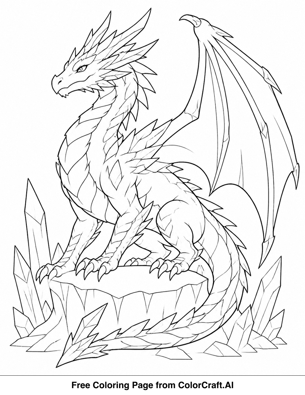 Line drawing of a majestic dragon with large wings and a long tail, standing on a snowy mountain.