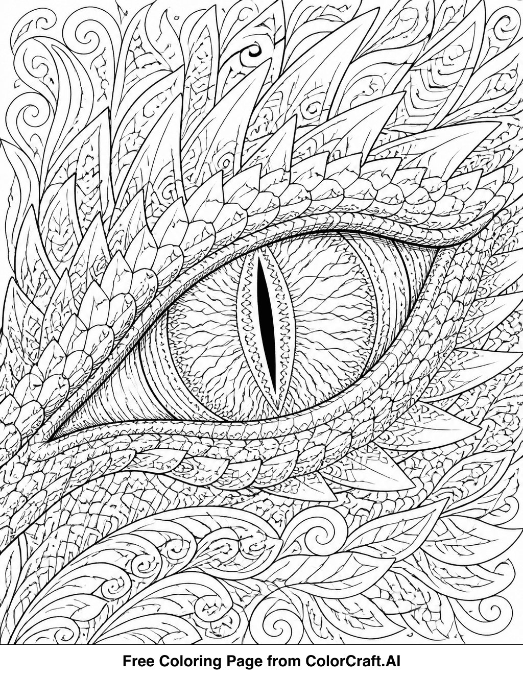 Intricate line drawing of a dragon's eye with detailed scales and a sharp pupil.