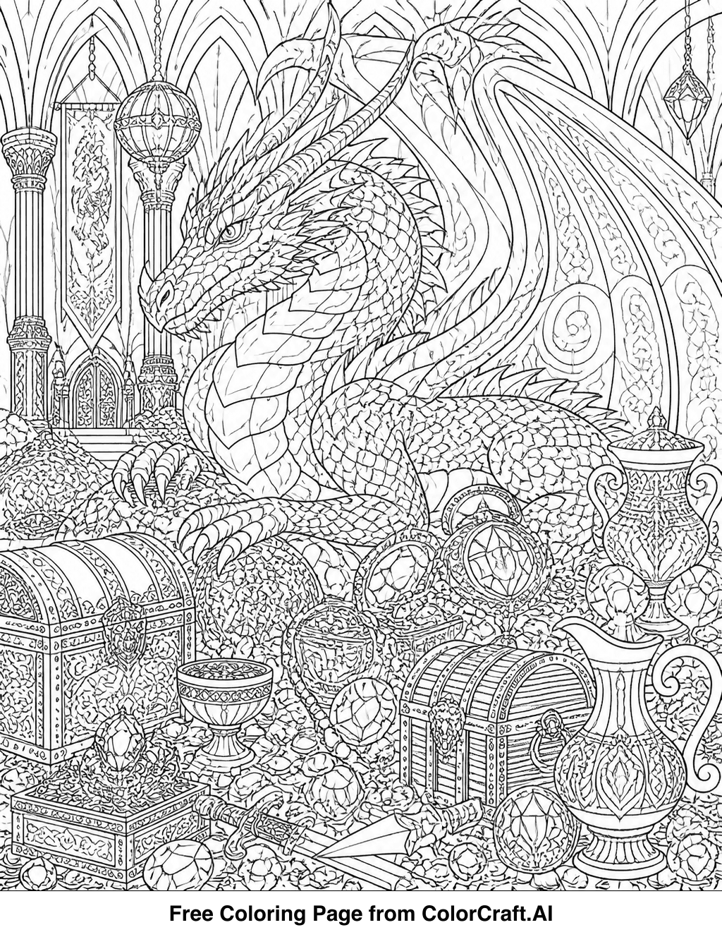 Intricate line drawing of a dragon protecting a vast treasury filled with gold and jewels.