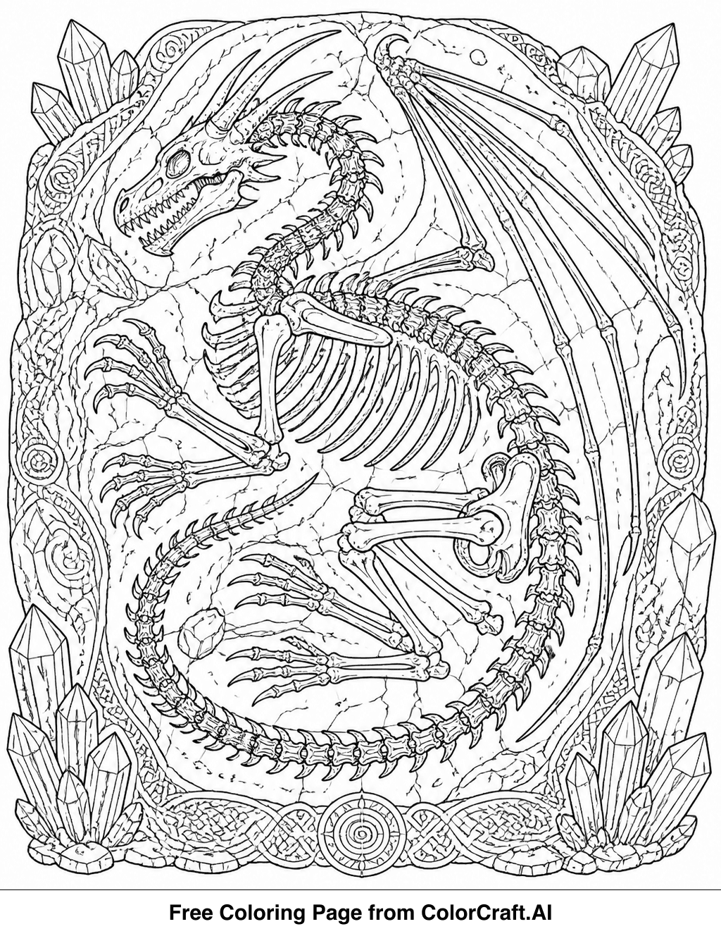 Intricate line drawing of a fossilized dragon skeleton, revealing its ancient bones and structure.
