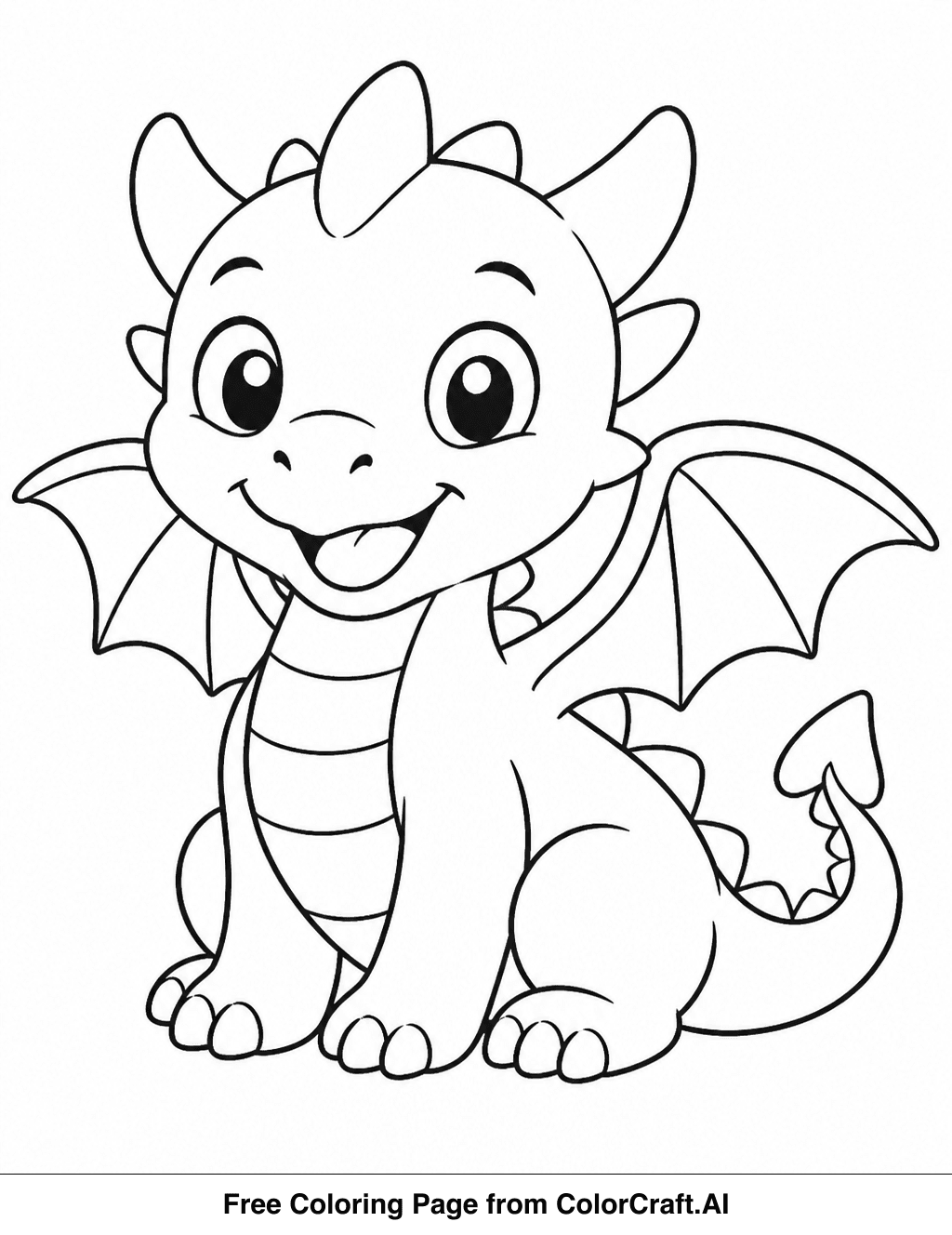 Line drawing of a cute baby dragon with large eyes and a joyful smile, perfect for coloring.