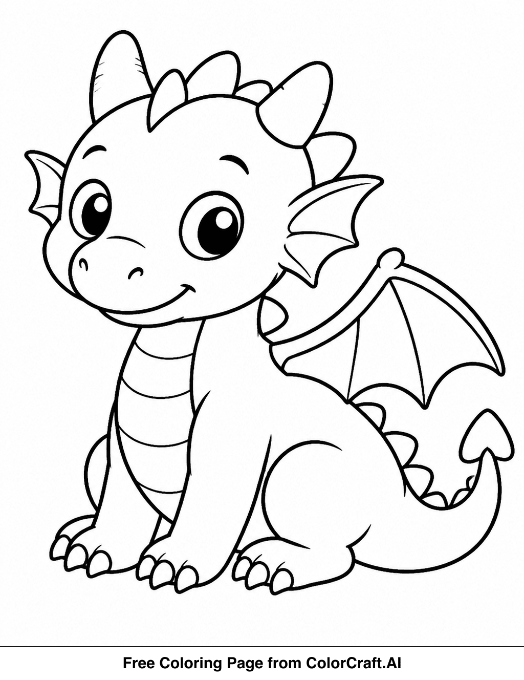 Line drawing of a small, friendly baby dragon with large eyes and small wings, ready to be colored.