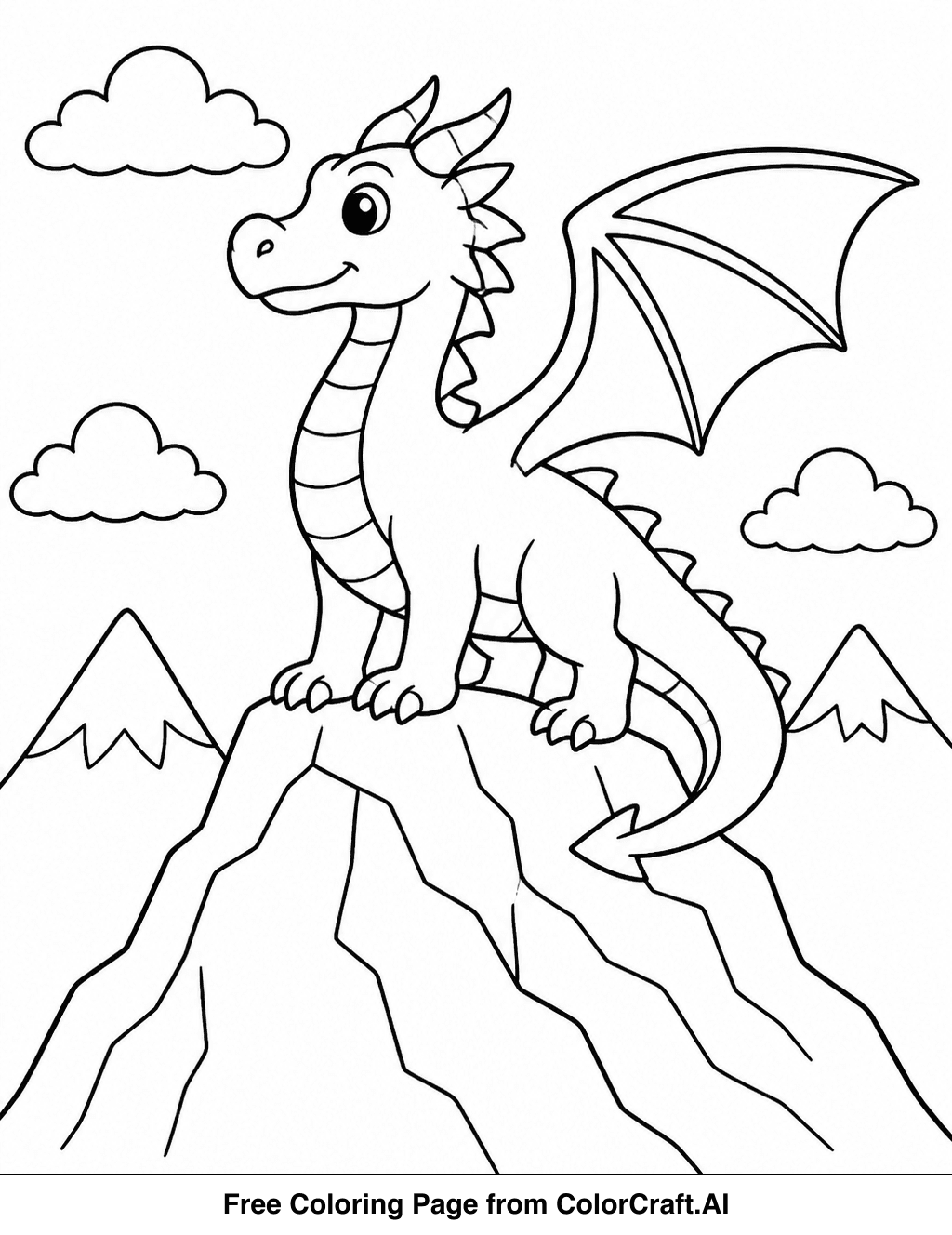 Line drawing of a dragon sitting on top of a mountain, with clouds in the background.