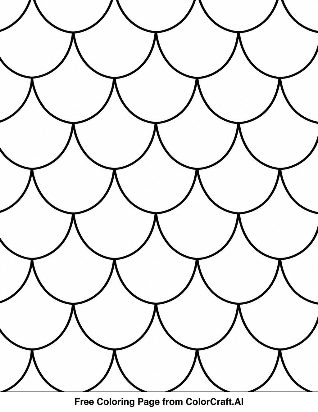 Line drawing of a repeating pattern of large, overlapping dragon scales for coloring.